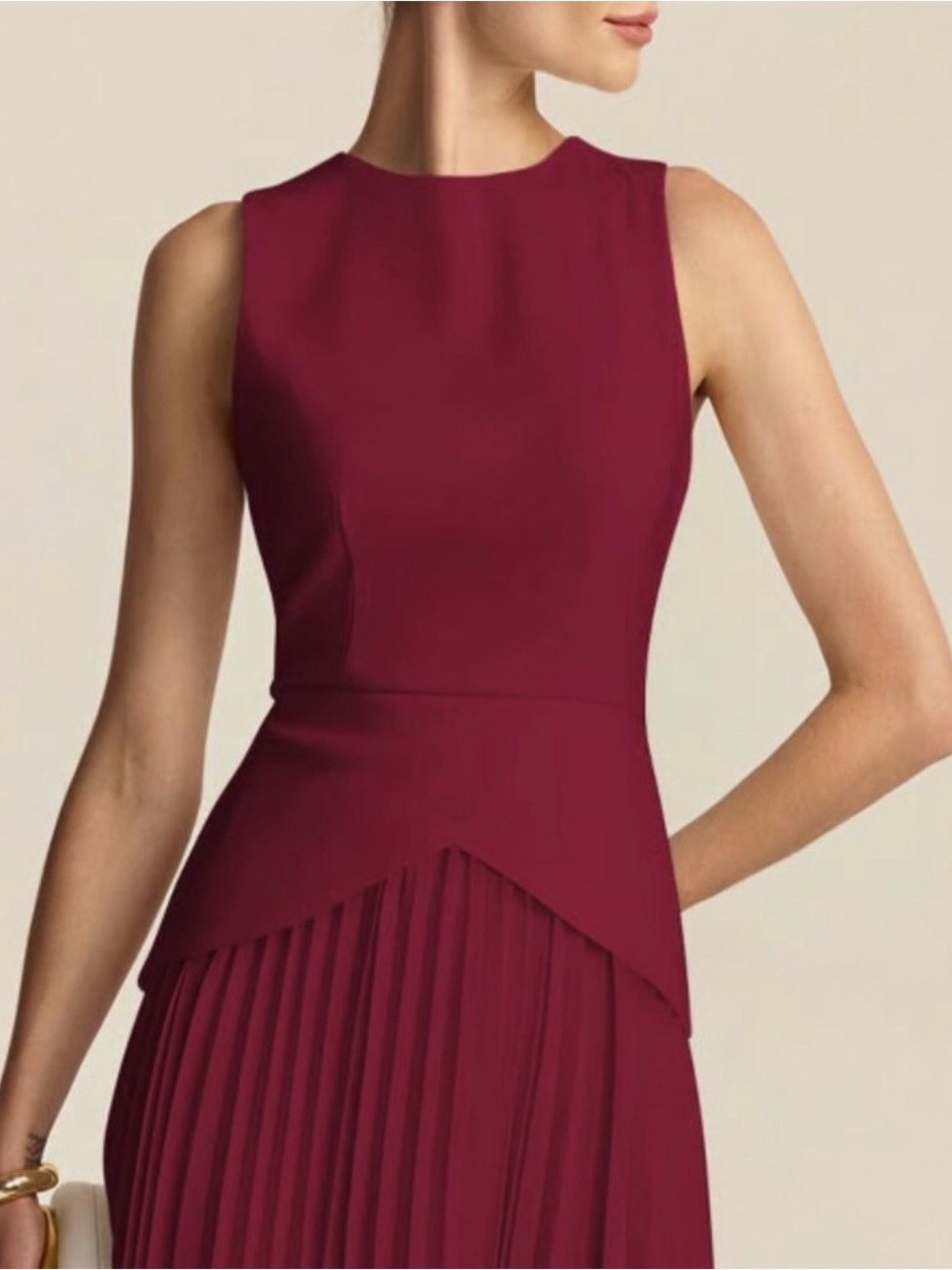 Commense Sleeveless Wine Red Pleated Mini Dress